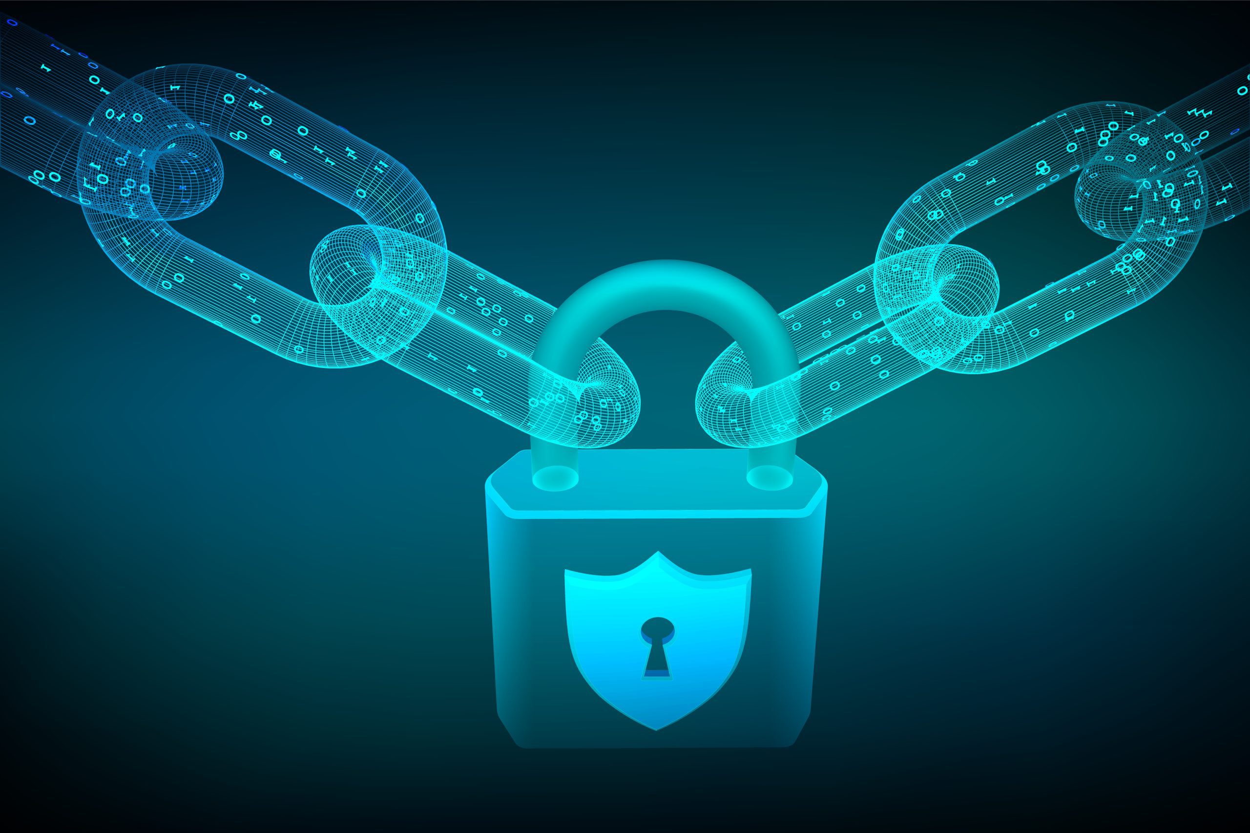 Block chain. Lock. Cyber security, safe, privacy or other concept. 3D wireframe chain with digital code. Blockchain concept. Editable cryptocurrency template. Vector illustration
